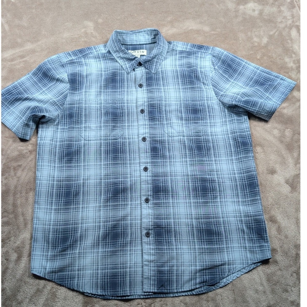 Orvis Button Front Shirt Mens Large Blue Plaid Short Sleeve Pockets 1875212